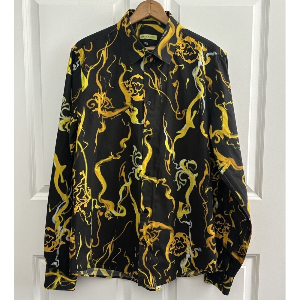 Rare Versace Jeans Couture Mens L Black Gold Flame Baroque Print Shirt 0517